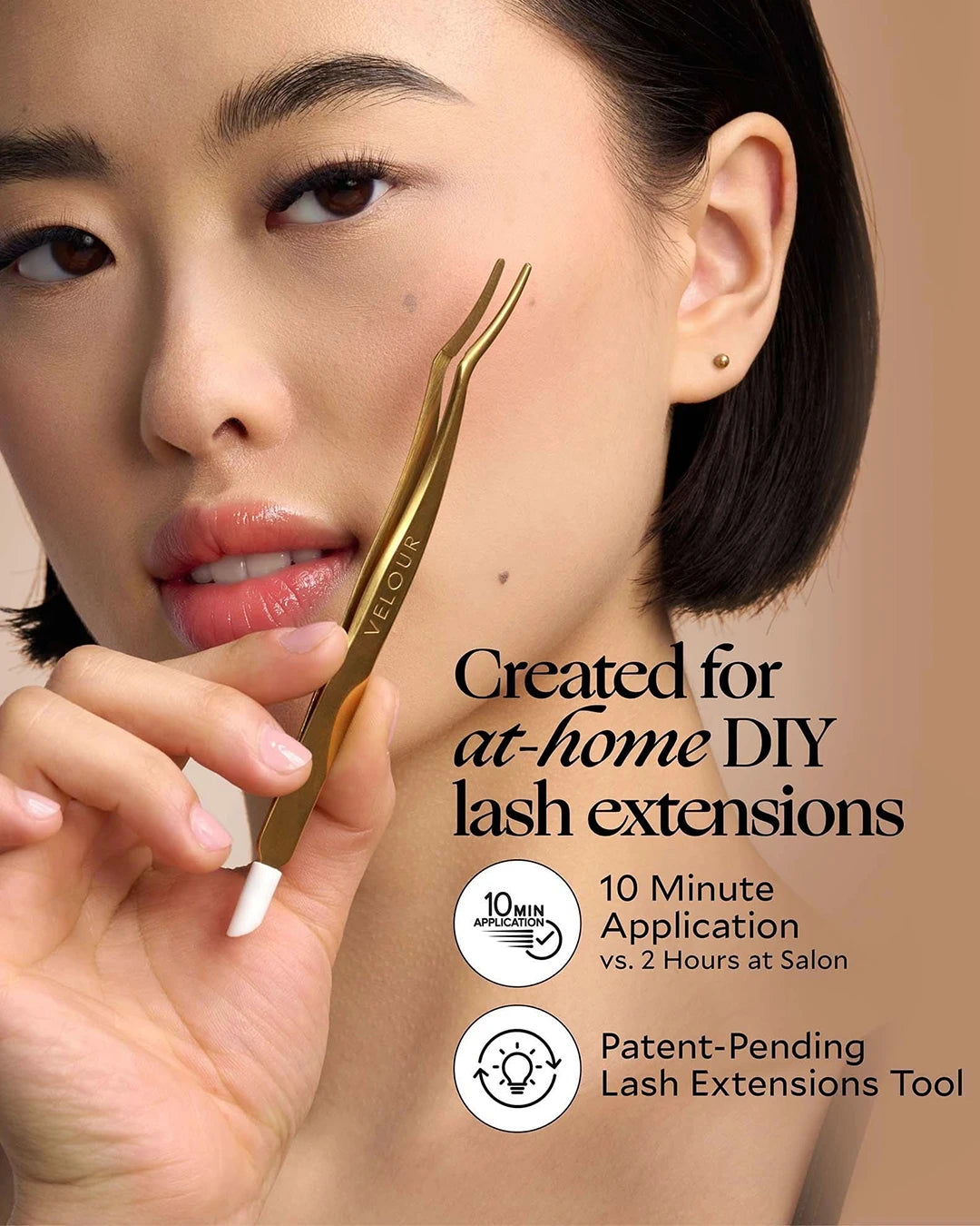 Woman holding a lash extension tool with text about at-home DIY lash extensions on a beige background