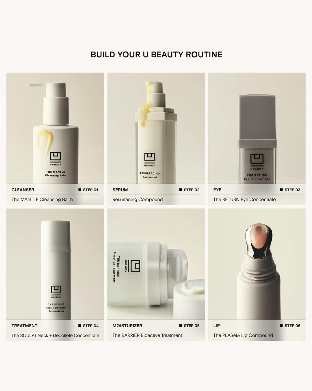 Collection of skincare products with step-by-step instructions on building a beauty routine.