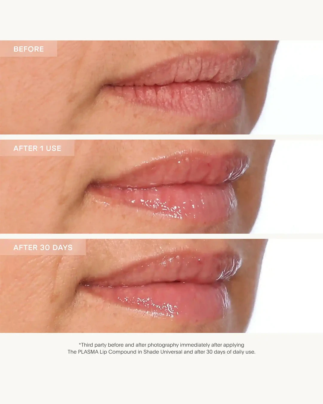Before and after comparison of lips using a lip compound, showing texture and hydration changes.