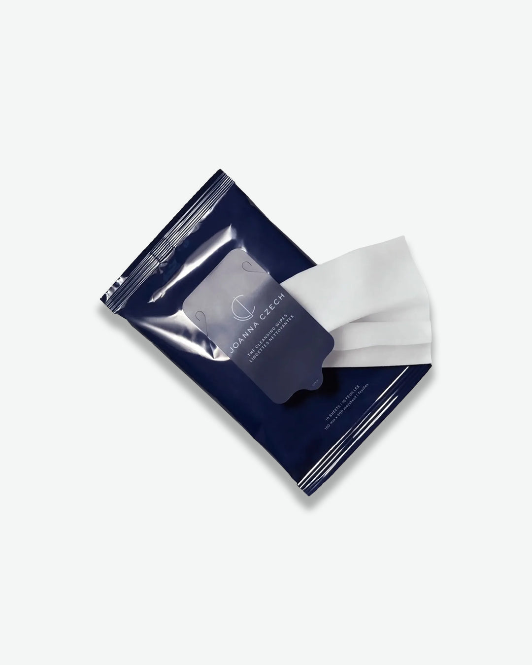 White makeup removal wipe on blue packaging with a brand label on a white background