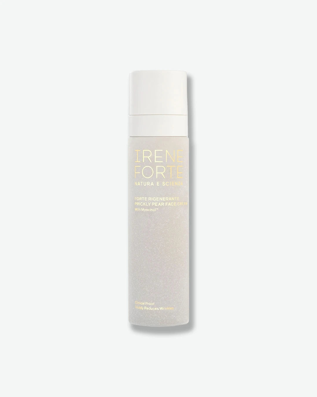 Skincare bottle with 'Irene Forte' branding on a light gray background