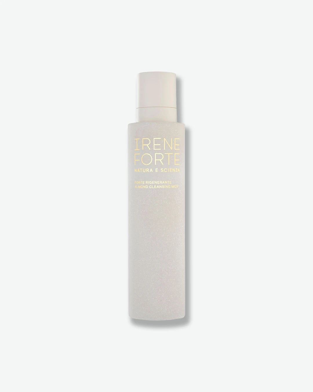 Skincare bottle labeled 'Irene Forte' on a light gray background