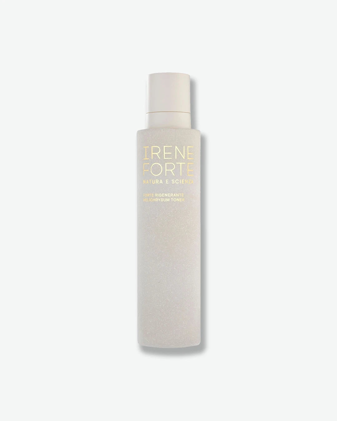 Skincare bottle labeled 'Irene Forte' on a light gray background