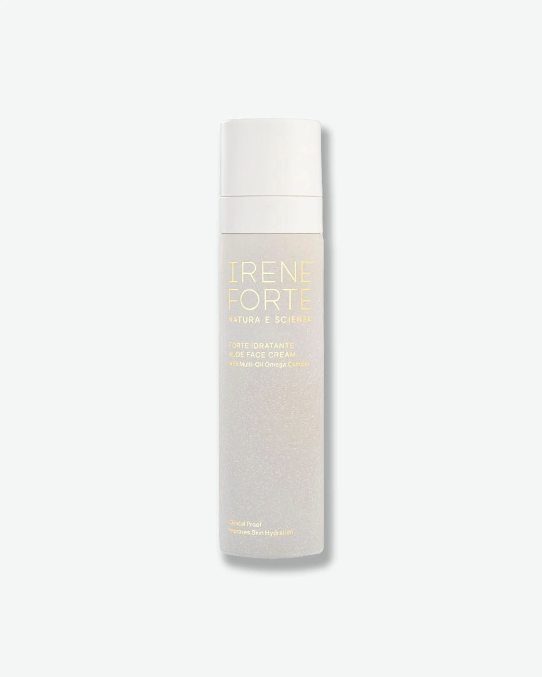 Product image of Irene Forte Forte Illuminating Aloe Face Cream displayed against a light gray background. The moisturizer is housed in a sleek white cylindrical bottle with subtle texture and gold lettering. The minimalist packaging highlights the hydrating face cream, formulated with aloe and designed to nourish the skin while enhancing luminosity and promoting a healthy-looking glow.