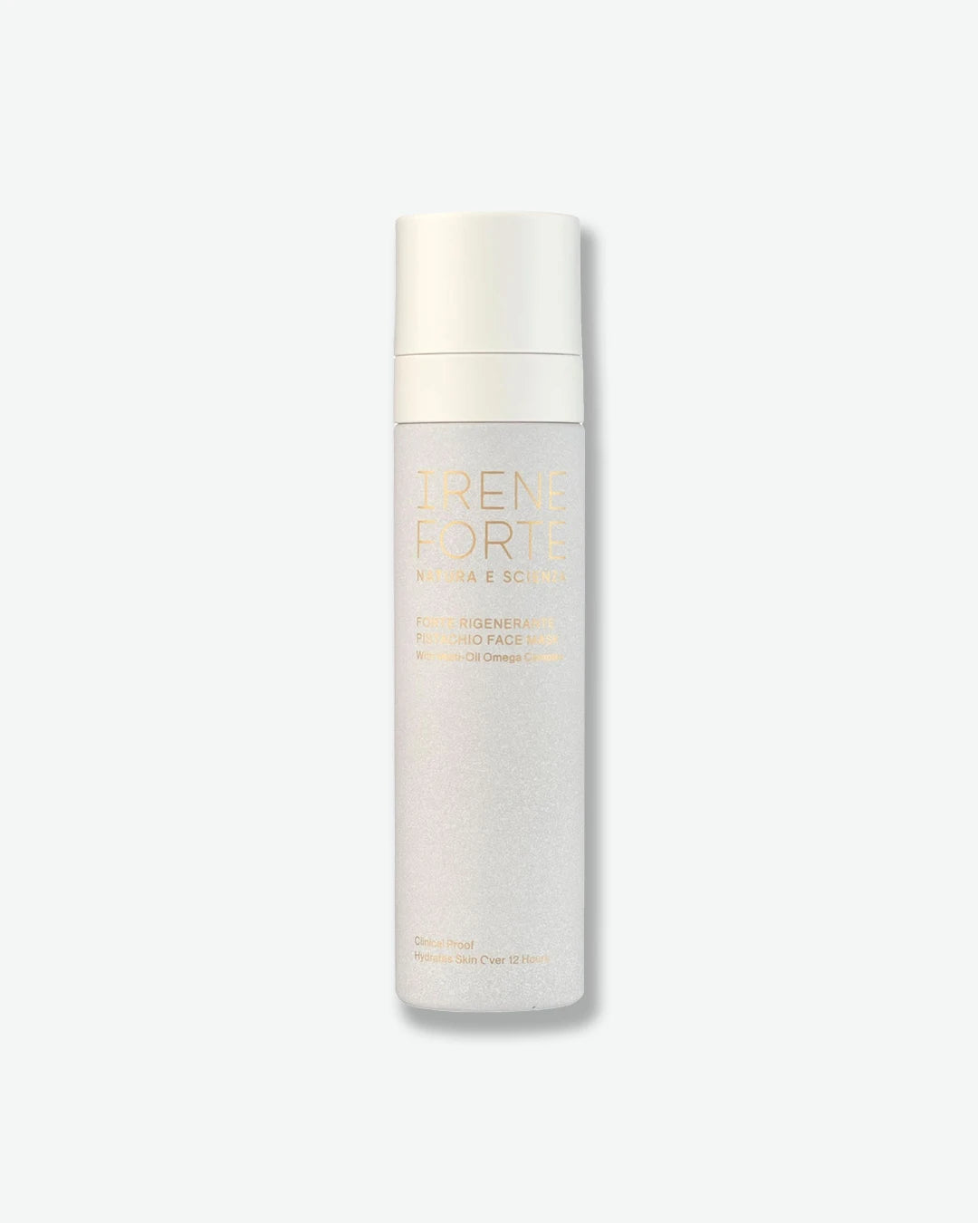 Skincare bottle with 'Irene Forte' branding on a white background