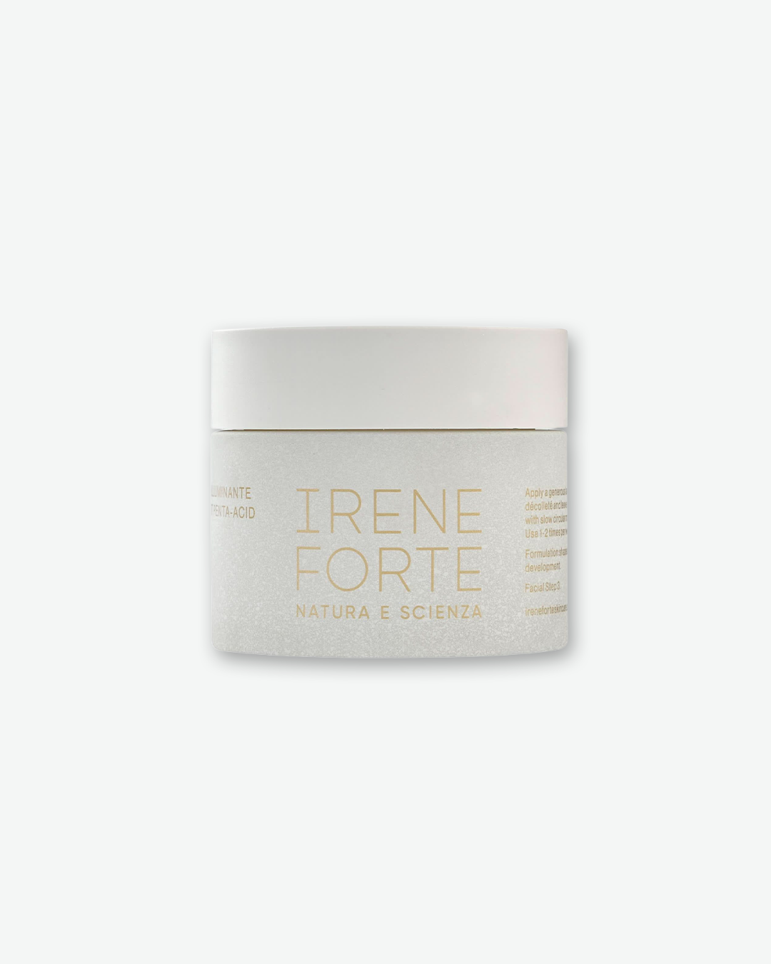 Irene Forte Forte Illuminante Apricot Penta-Acid Polish in a single, textured light grey stone-like jar featuring a smooth white cap and minimalist gold text, isolated on a light grey background.