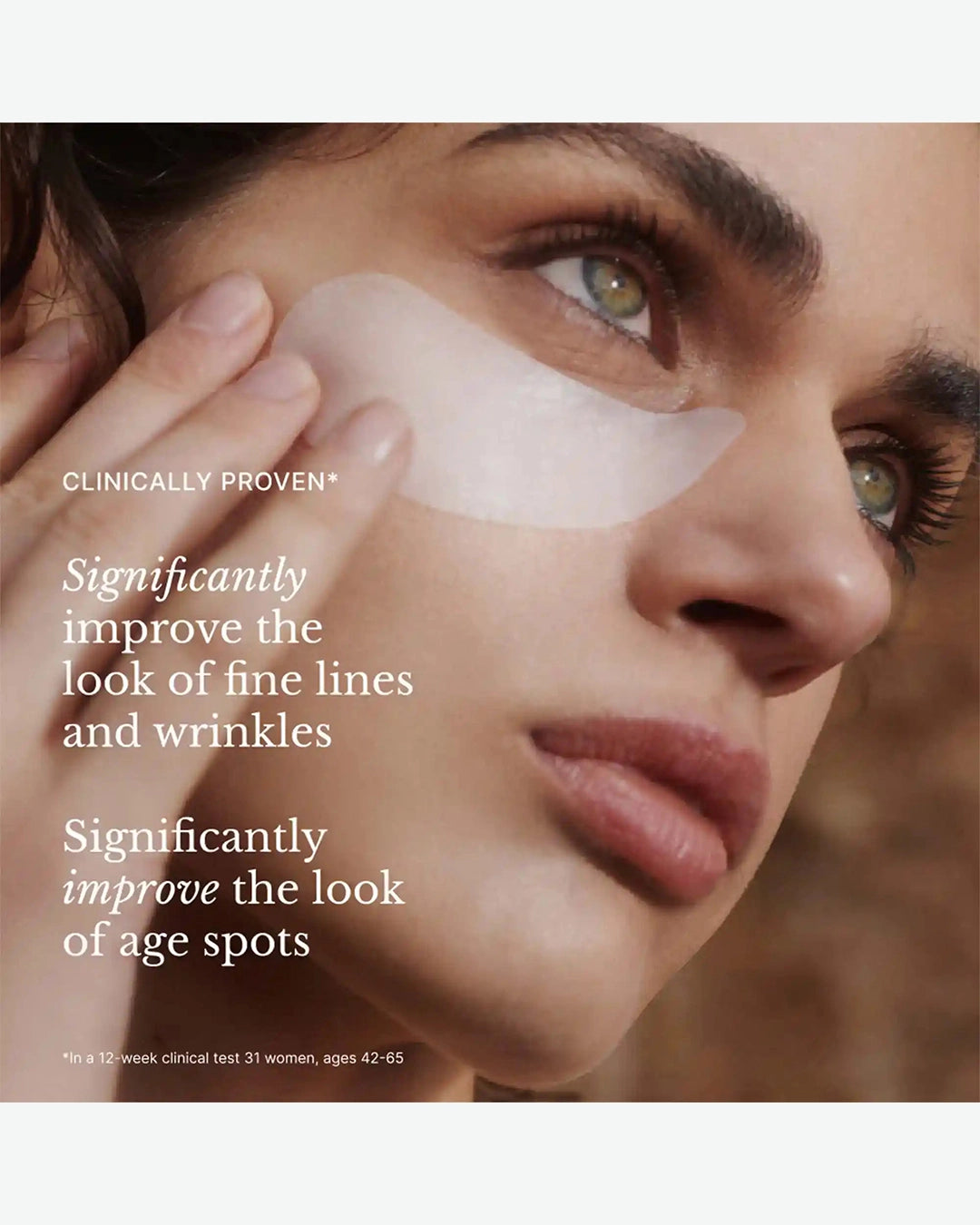 Close-up of a woman's face with text about skincare product benefits