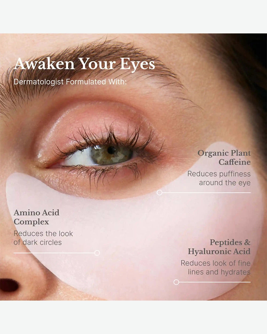 Close-up of an eye with a cosmetic product applied, highlighting ingredients like organic plant caffeine, amino acid complex, and peptides.