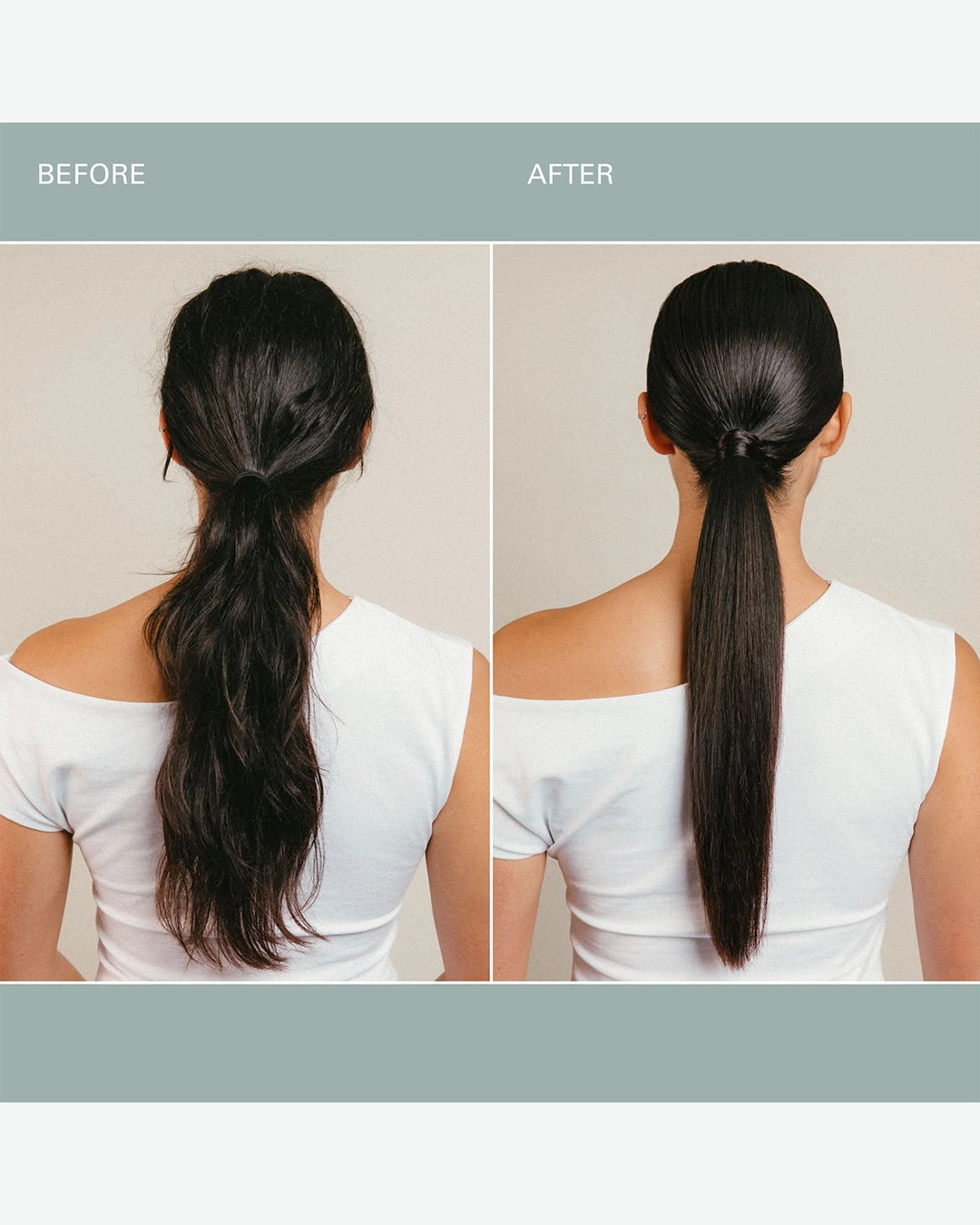 Before and after comparison of a woman's ponytail with a plain background