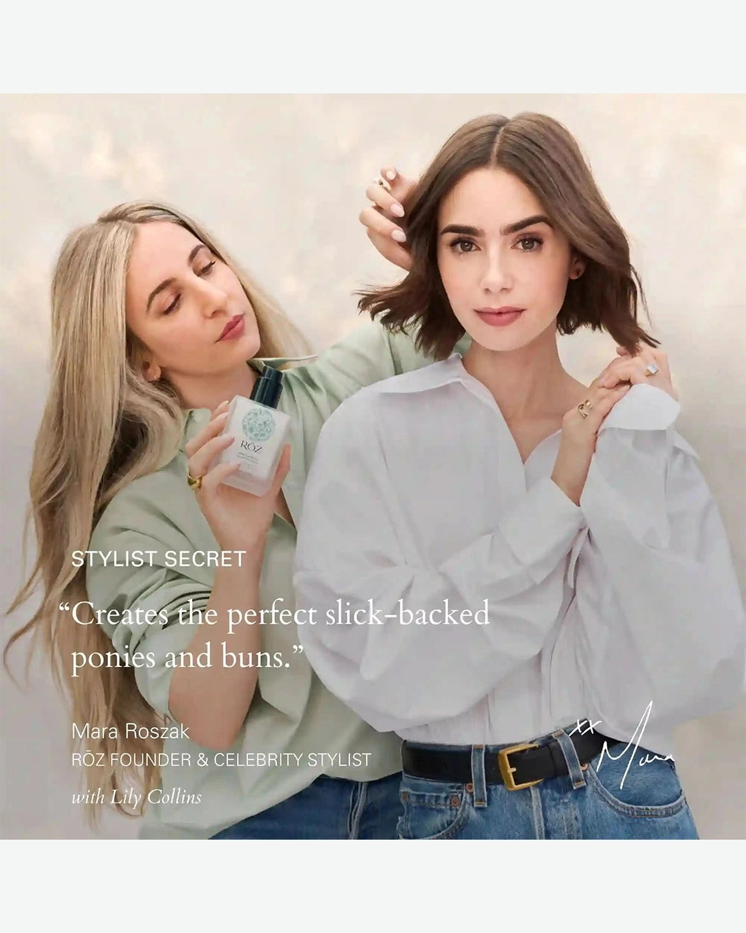 Two women with styled hair, one holding a product, against a neutral background.