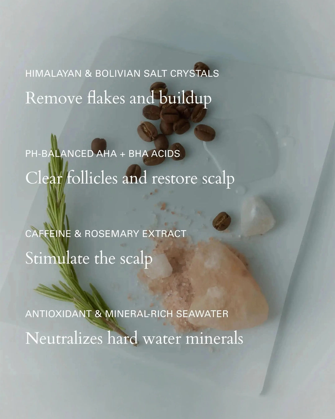 Himalayan and Bolivian salt crystals with rosemary on a white background, text detailing their benefits.