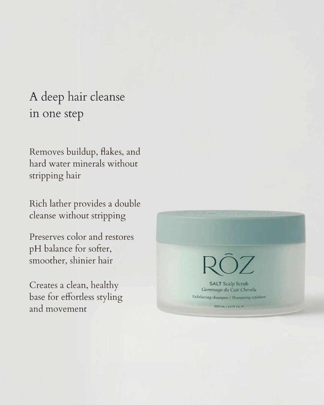 Ròz salt body scrub jar with text on a light gray background