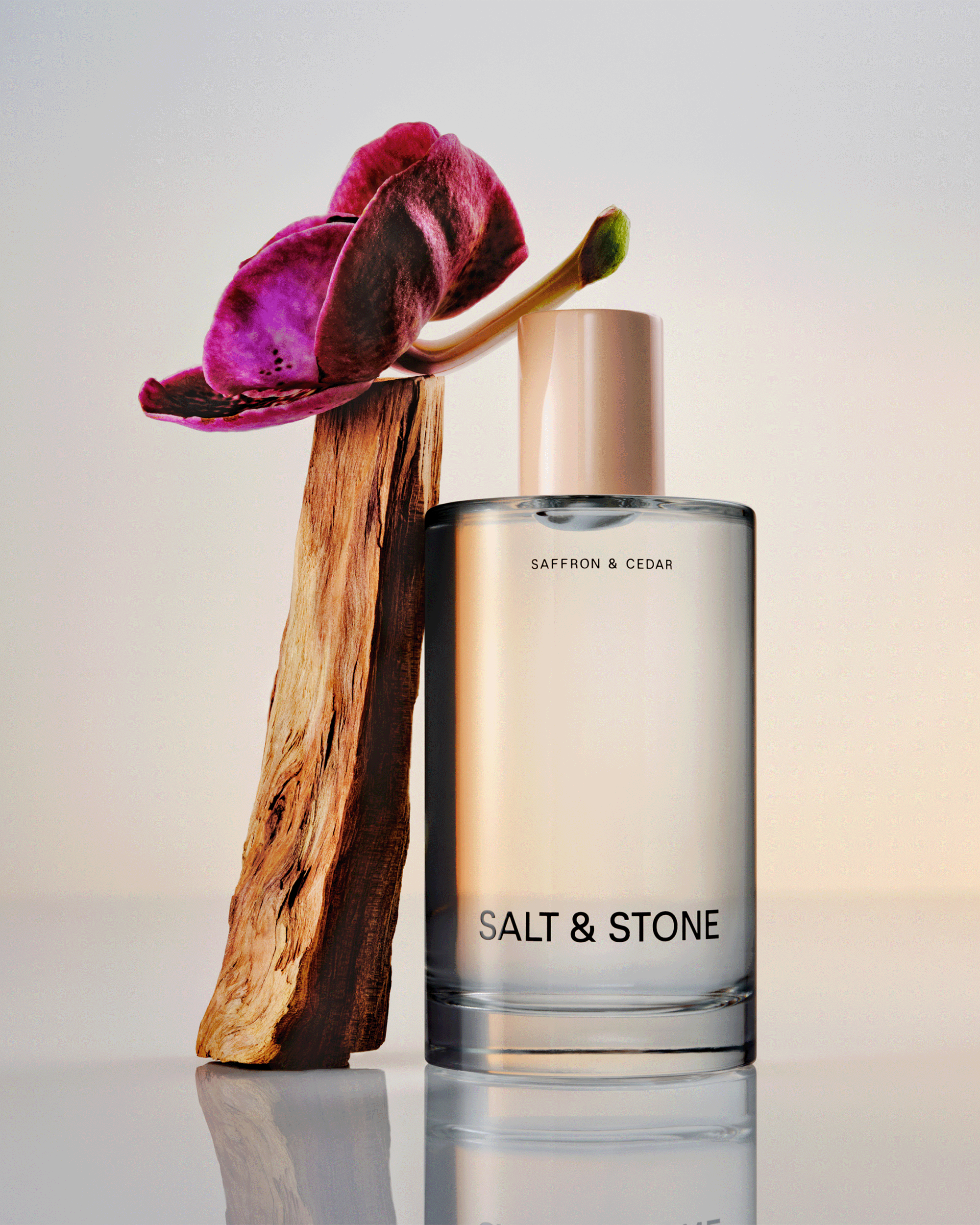 A clear glass perfume bottle labeled SALT & STONE with a pale beige cap, standing beside a vertical piece of natural wood and a purple flower on a light neutral background.
