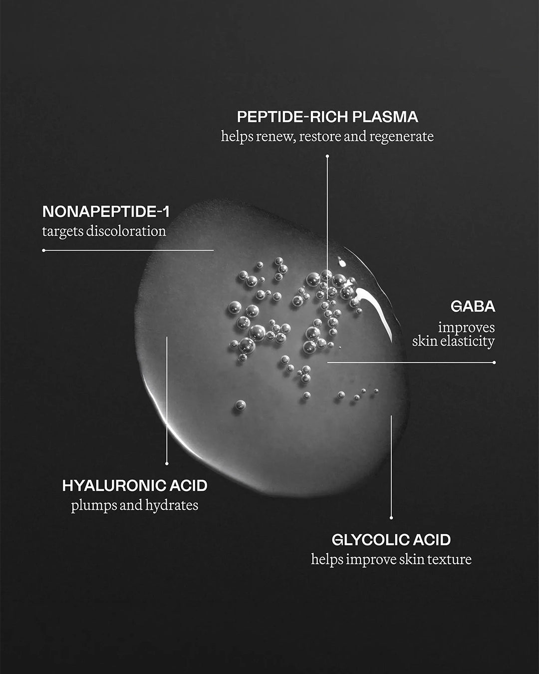 Diagram of peptide-rich plasma with labeled benefits on a dark background