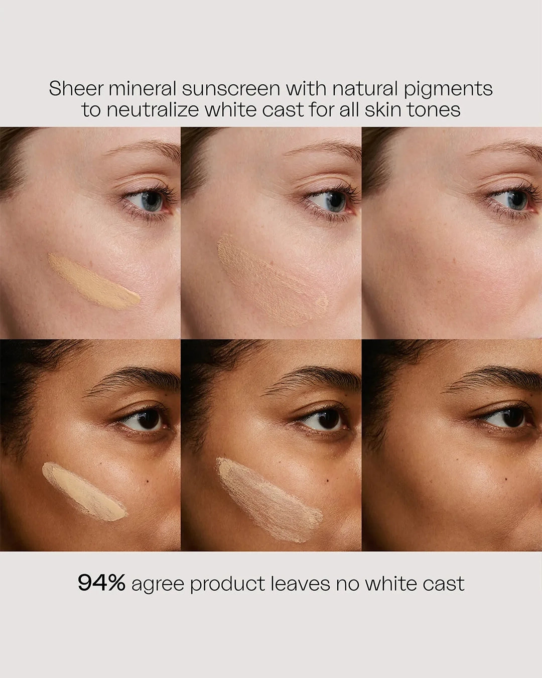 Collage of a woman's face with a sheered mineral sunscreen product applied, showing neutralization of white cast.