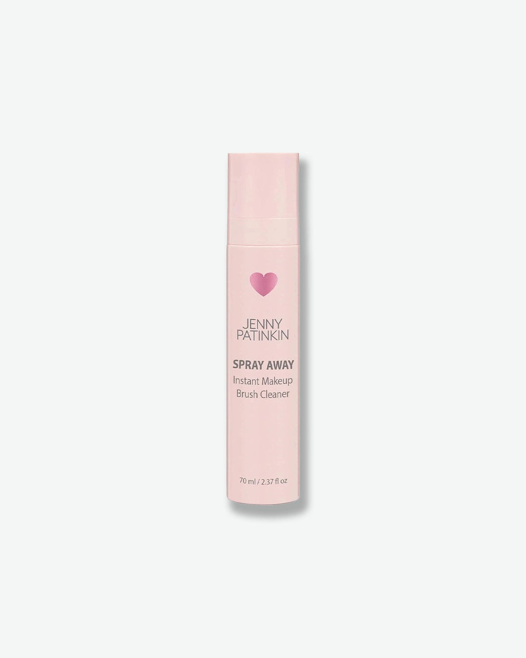 Pink bottle of Jenny Patinkin makeup brush cleaner on a white background