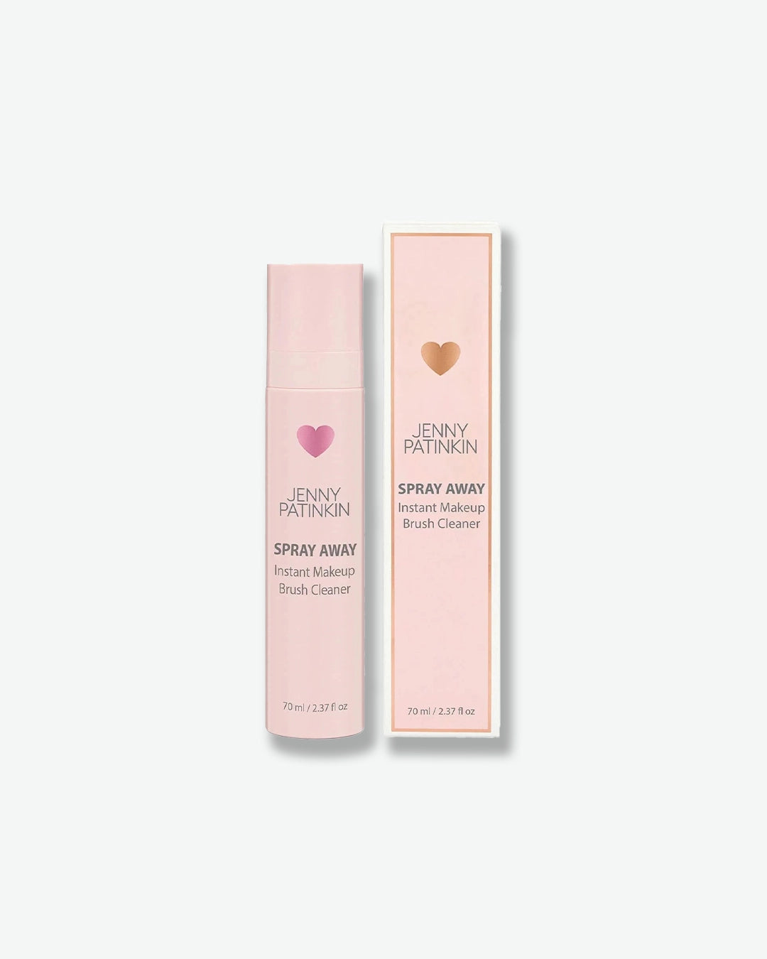 Two bottles of Jenny Patinkin Spray Away makeup brush cleanser on a white background