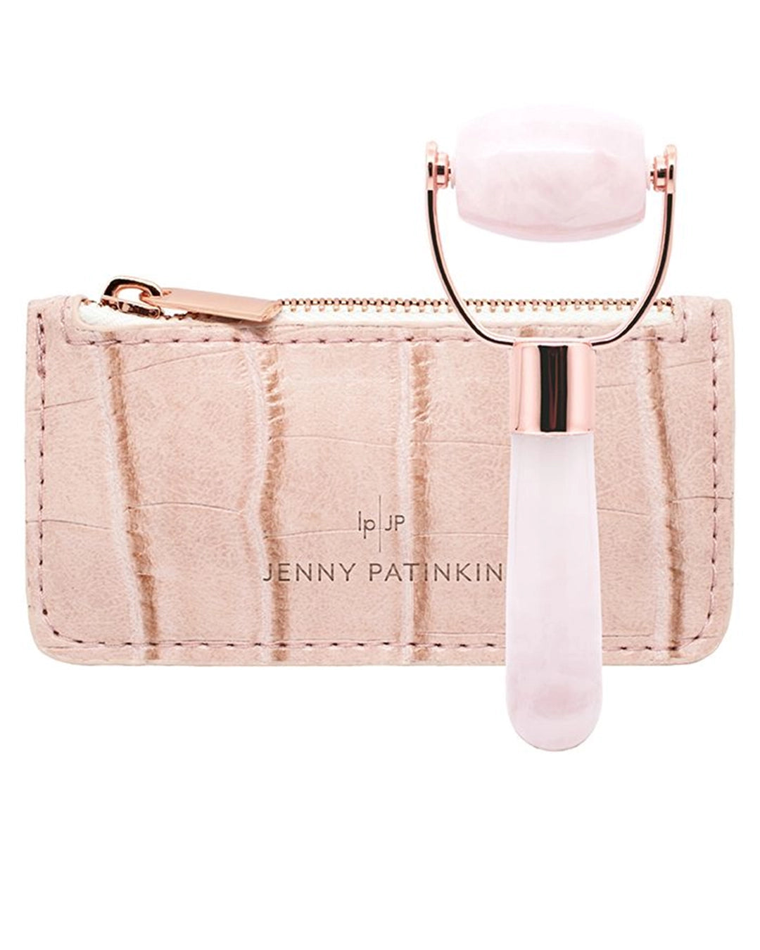 Pink jade roller with a matching pouch on a white background