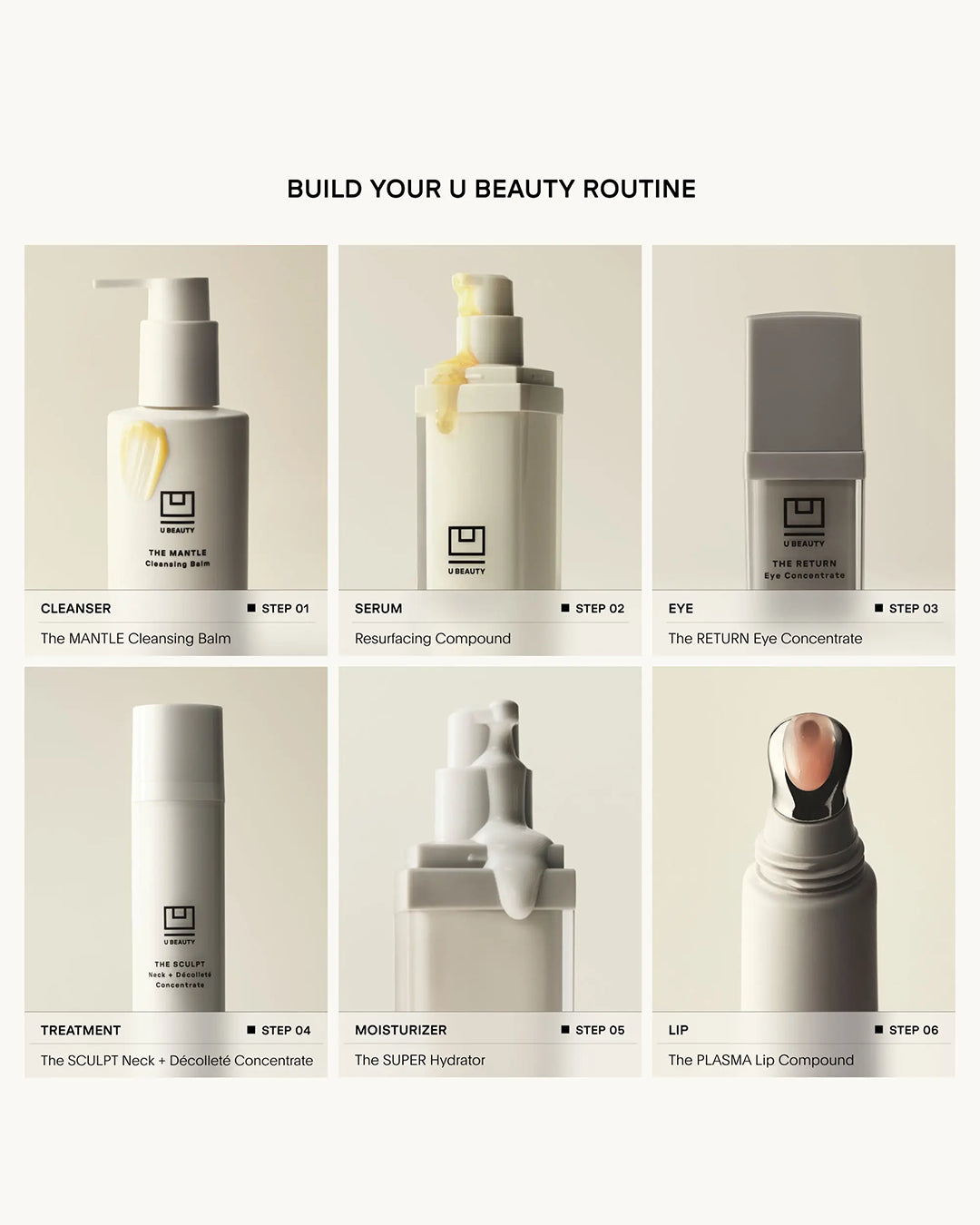 Collection of skincare products with step-by-step guide on a beige background