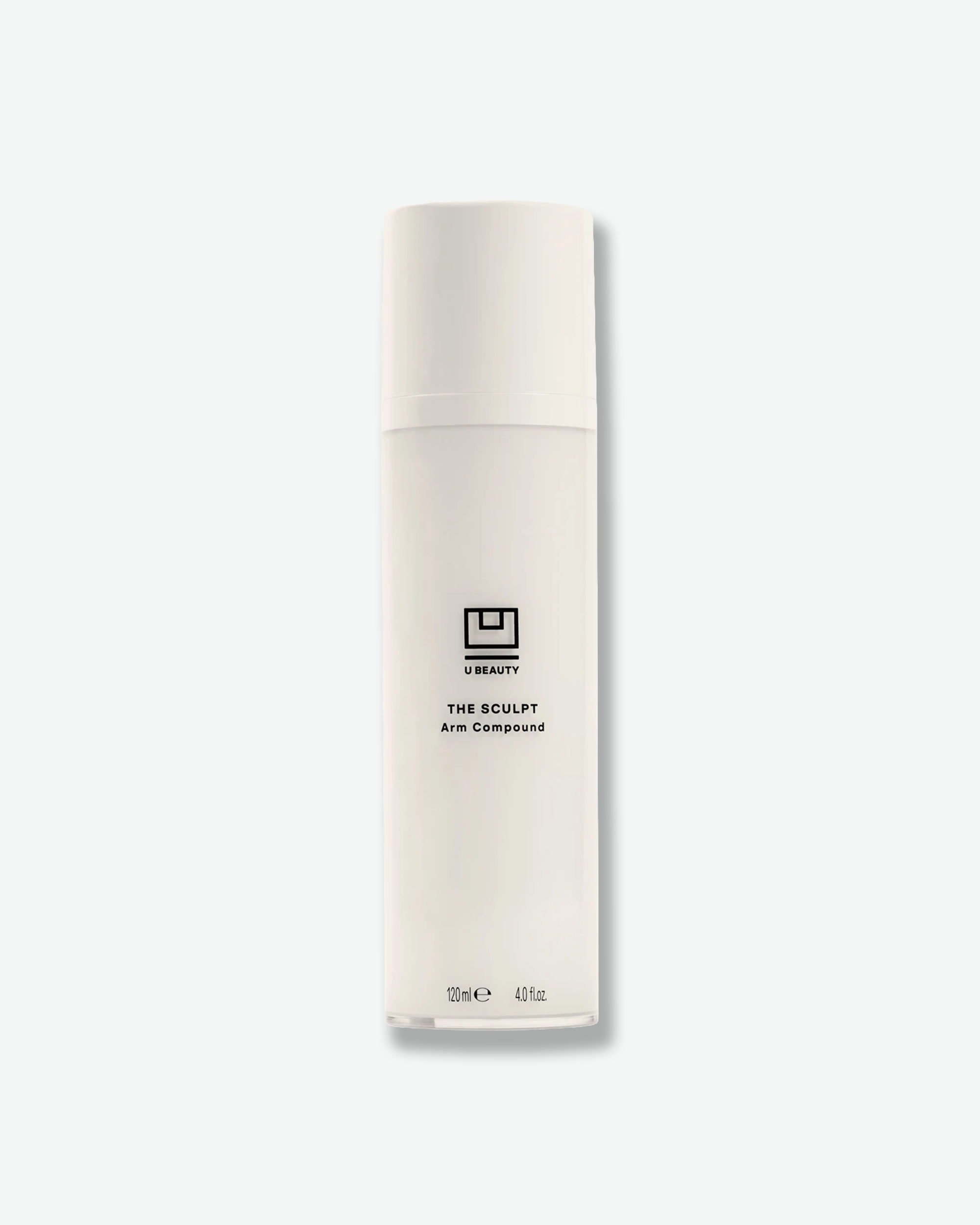 Front view of a U Beauty "The Sculpt Arm Compound" bottle against a plain gray background. The product is contained in a tall, cylindrical matte white opaque pump bottle with simple black branding and text aligned down the center.