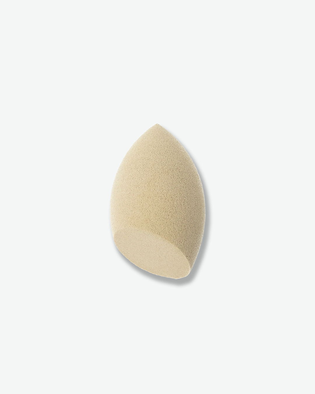 A product shot of a tear-shaped olive-green makeup sponge, centered against a plain light gray background. The sponge features a pointed top tip for precision application and a wide base with a clean, flat-cut angled edge on one side.