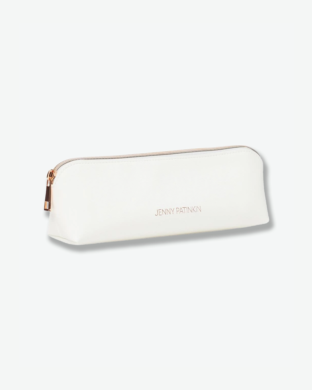 A product shot of a small, slim off-white cosmetic case angled against a plain light gray background. The rectangular pouch is crafted from textured faux leather and features "JENNY PATINKIN" written in small rose-gold letters on the front, secured with a matching rose-gold zipper along the top.