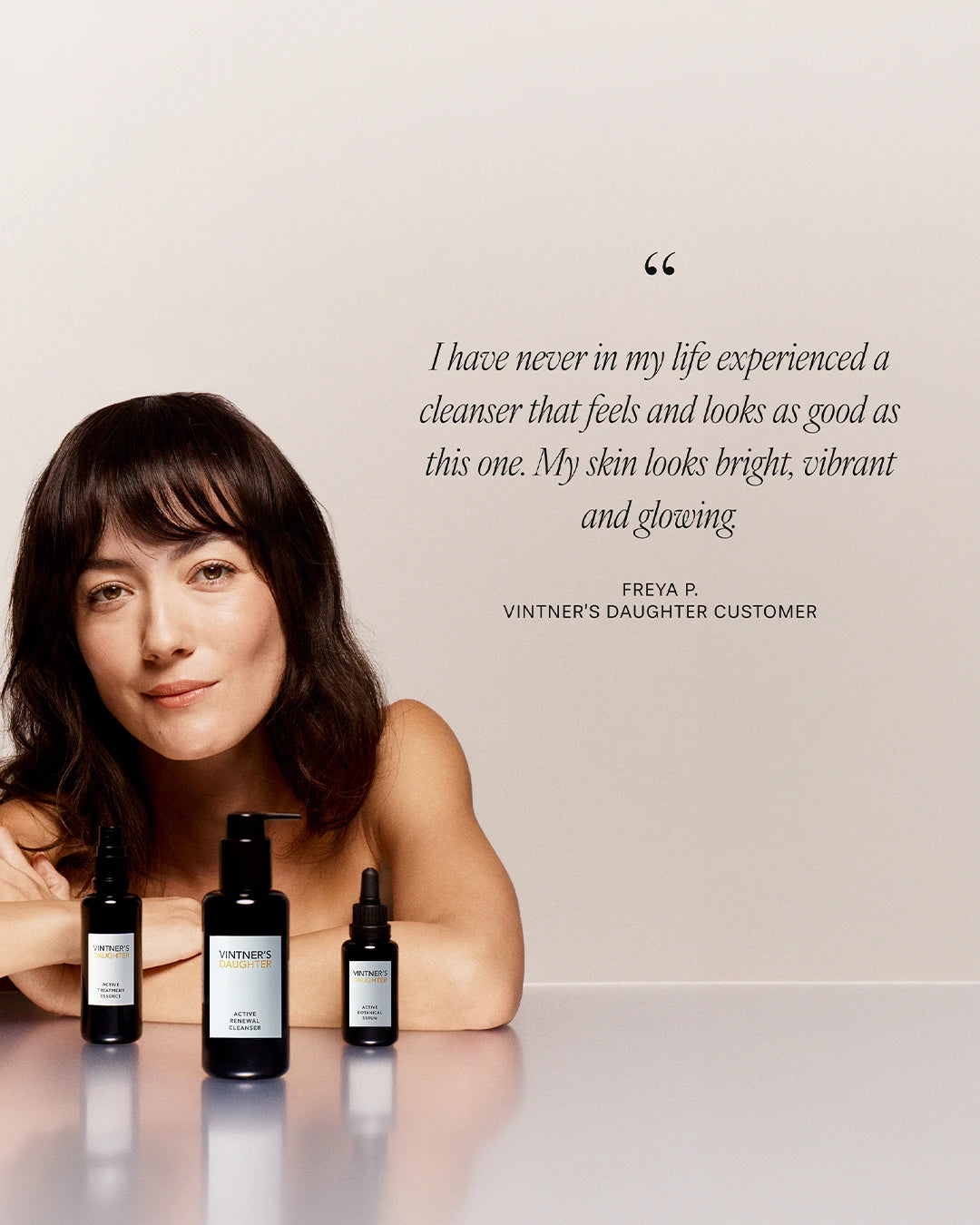 Woman with skincare products and a quote on a light background