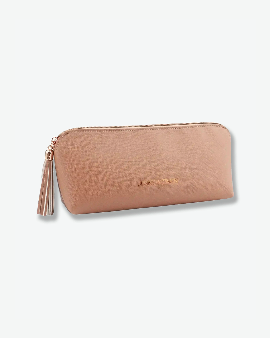 A product shot of a closed Jenny Patinkin cosmetic case, angled slightly against a plain light gray background. The rectangular pouch is made of a textured, tan faux-leather material with the name "JENNY PATINKIN" subtly stamped in gold on the front. The zipper pull is accented with a matching tan decorative fringe tassel.