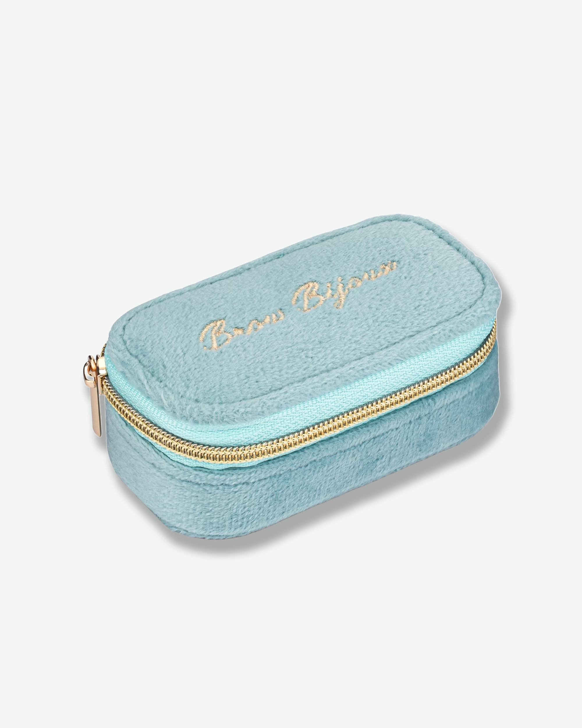 A light blue velvet zippered pouch with gold lettering that reads 'Baroness Bijoux' on the top, set against a clean off-white background.
