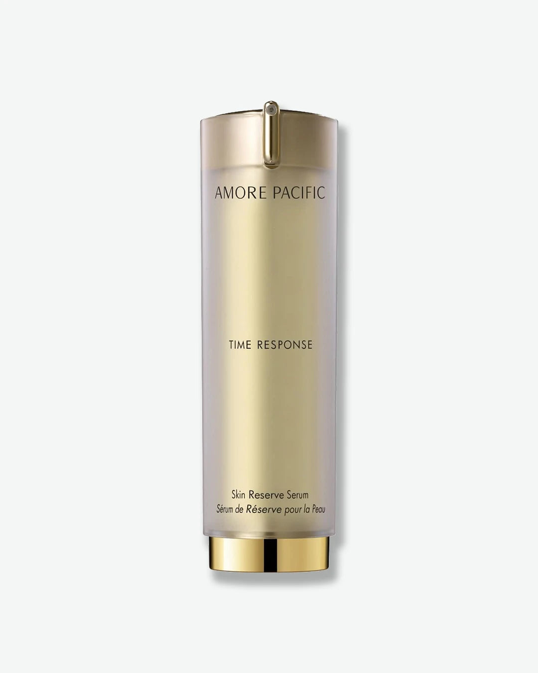 Gold cylindrical bottle of Amore Pacific Time Response Skin Reserve Serum on a white background