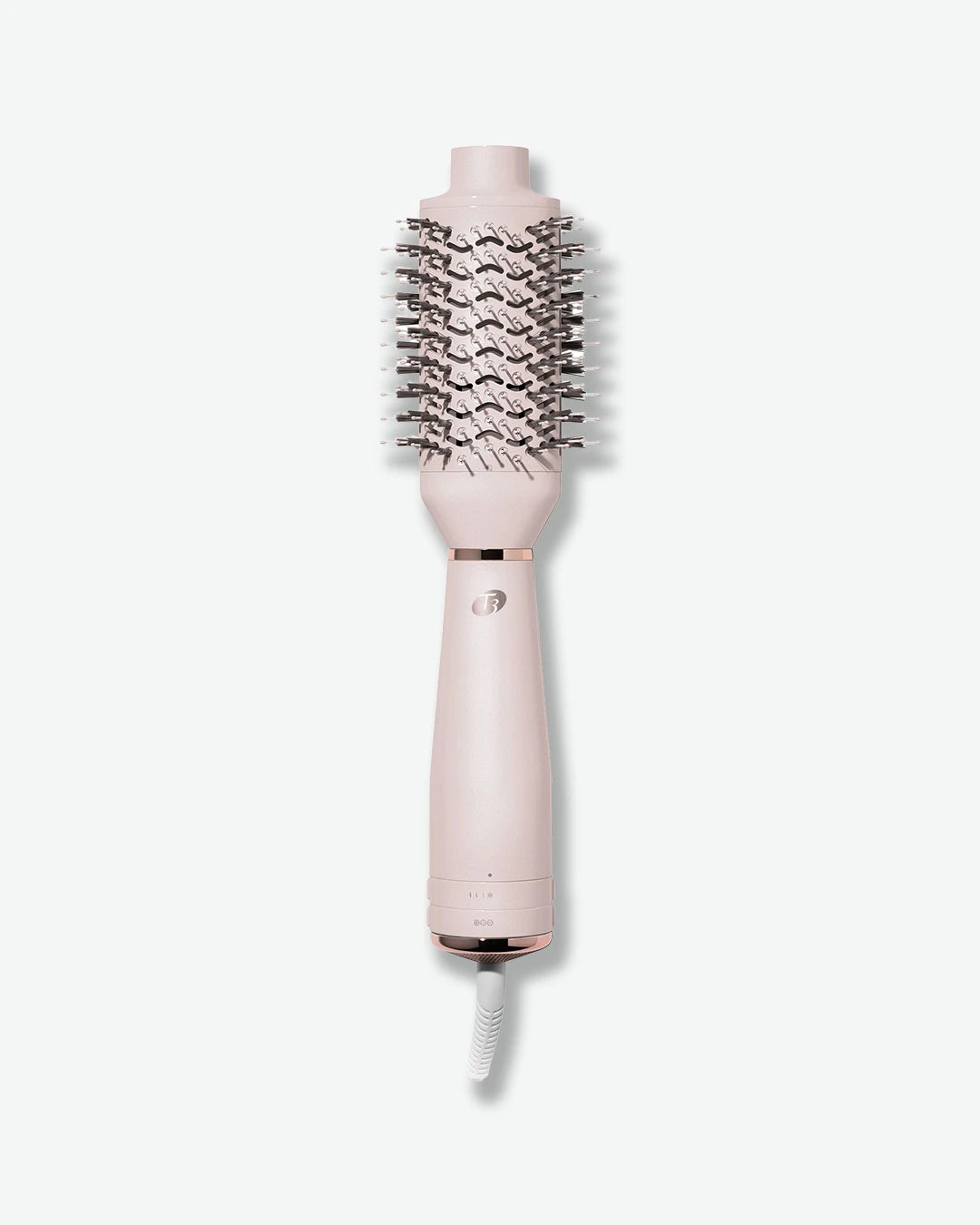 Pink hair styling tool with bristle brush head on a white background