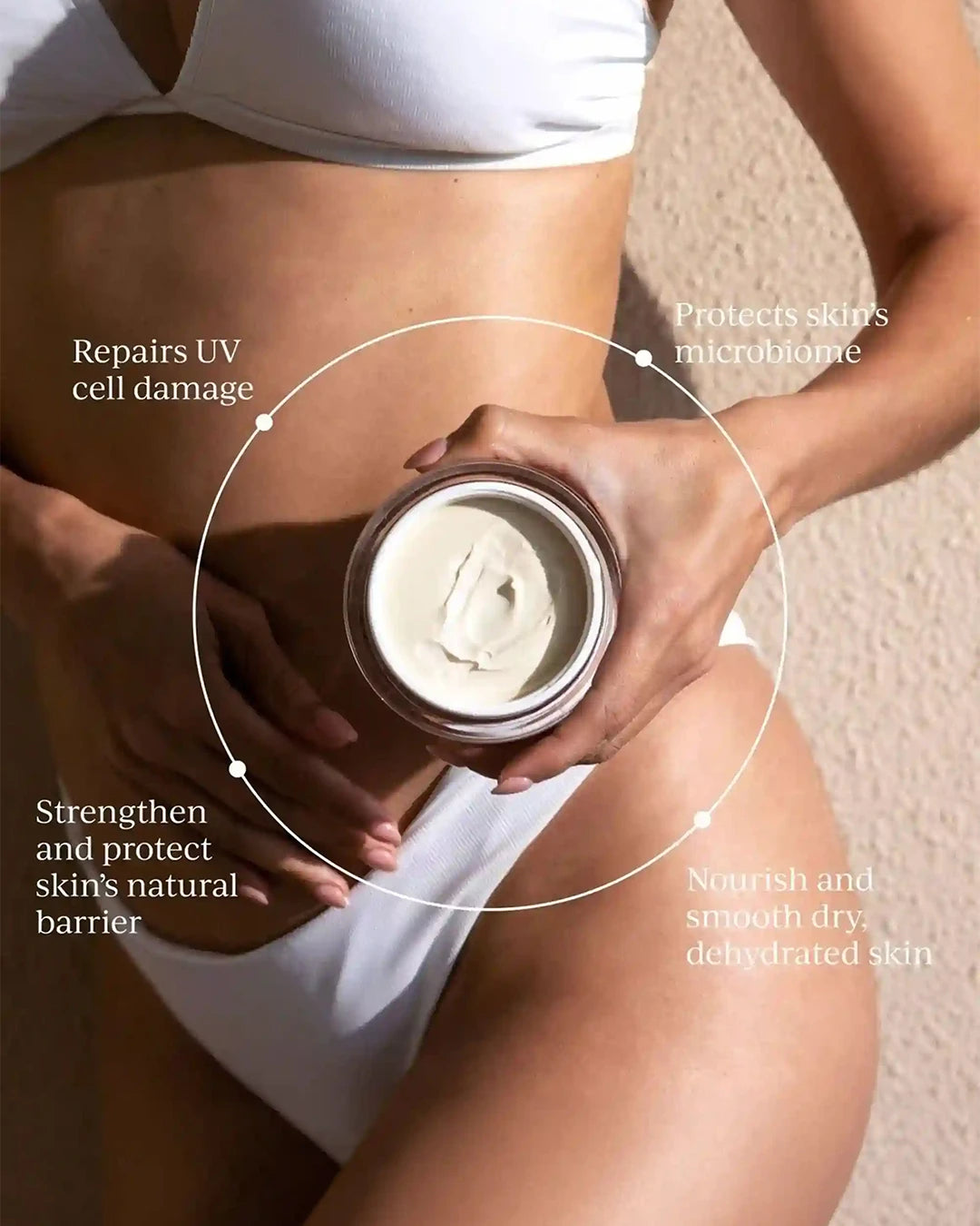 Person holding a jar of cream with text highlighting its benefits on skin care.