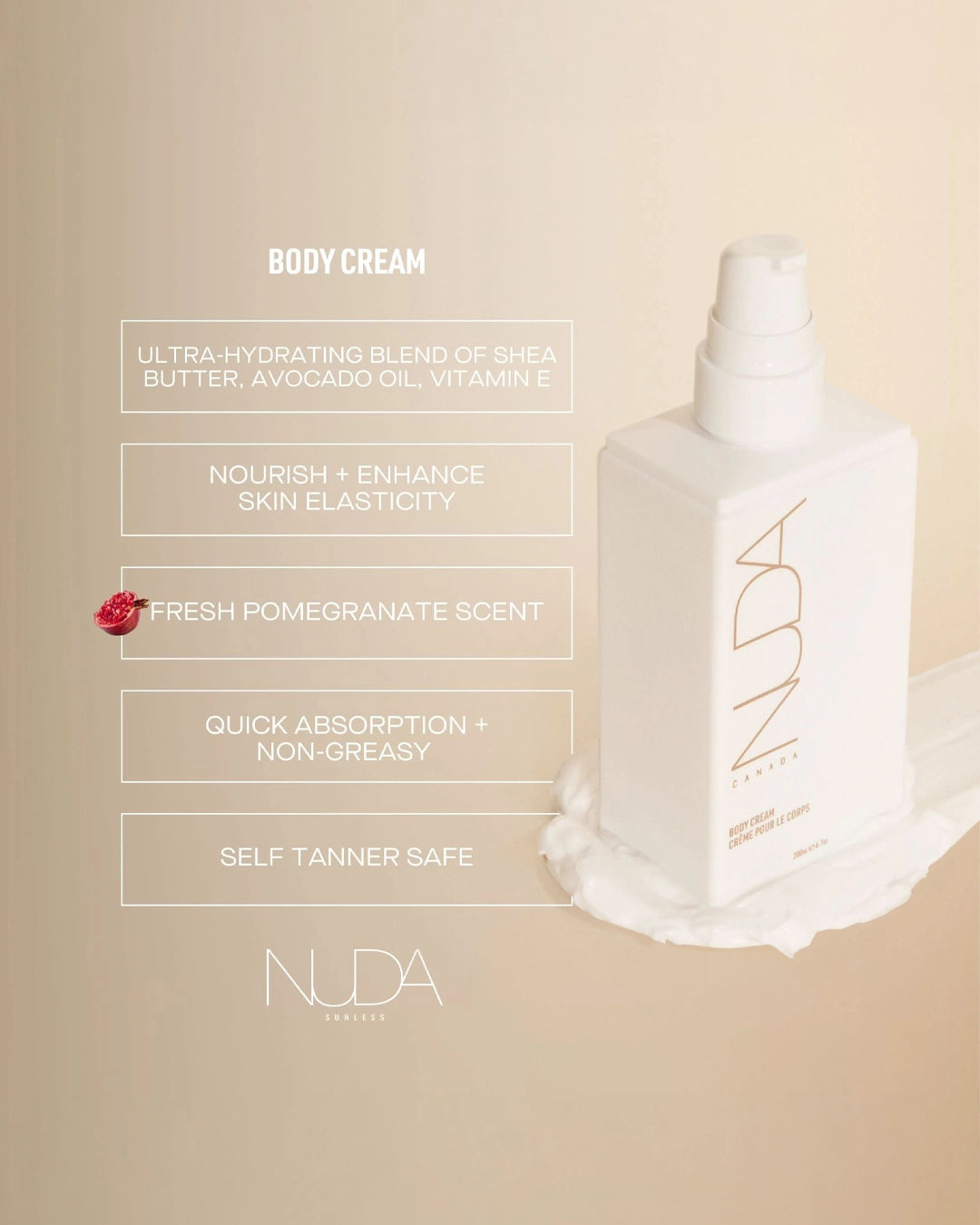 Nuda body cream bottle with product features on a beige background