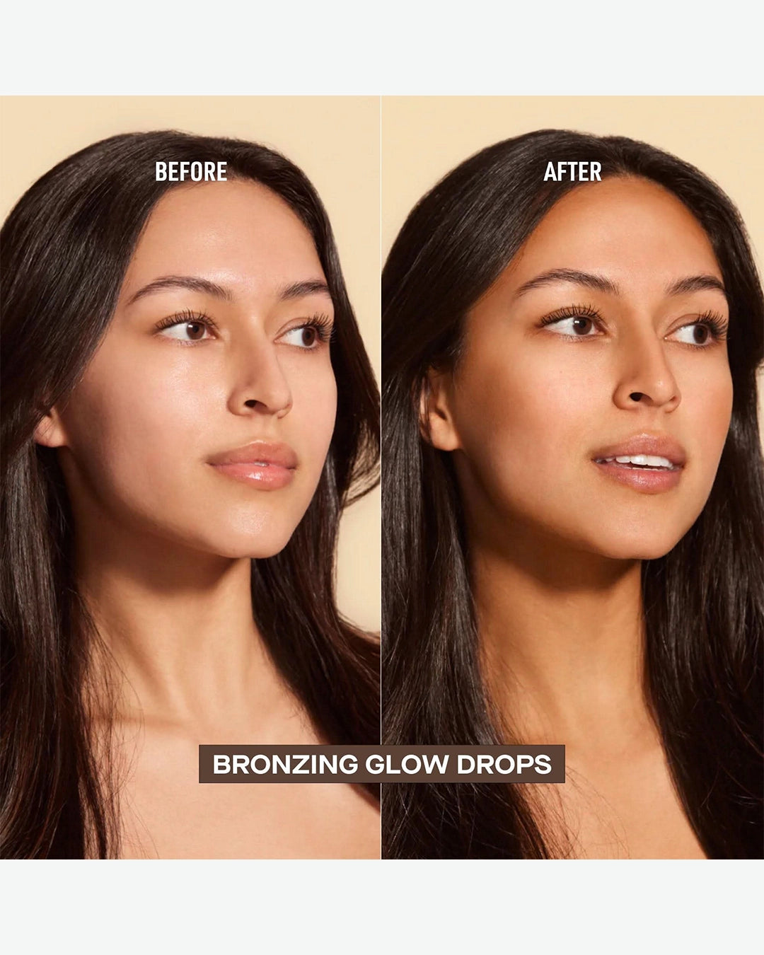 Before and after comparison of a woman's face with bronzing glow drops, showing a more bronzed appearance.