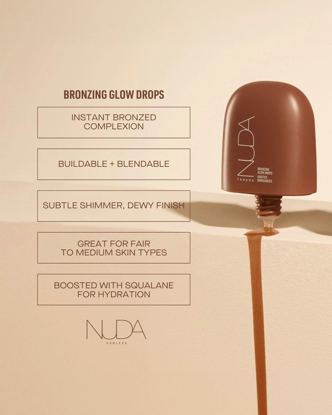 NUDA bronzing product with features listed on a beige background