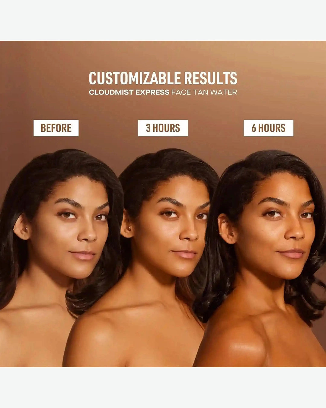 Before and after effects of a face tan water application on a model with customizable results text.