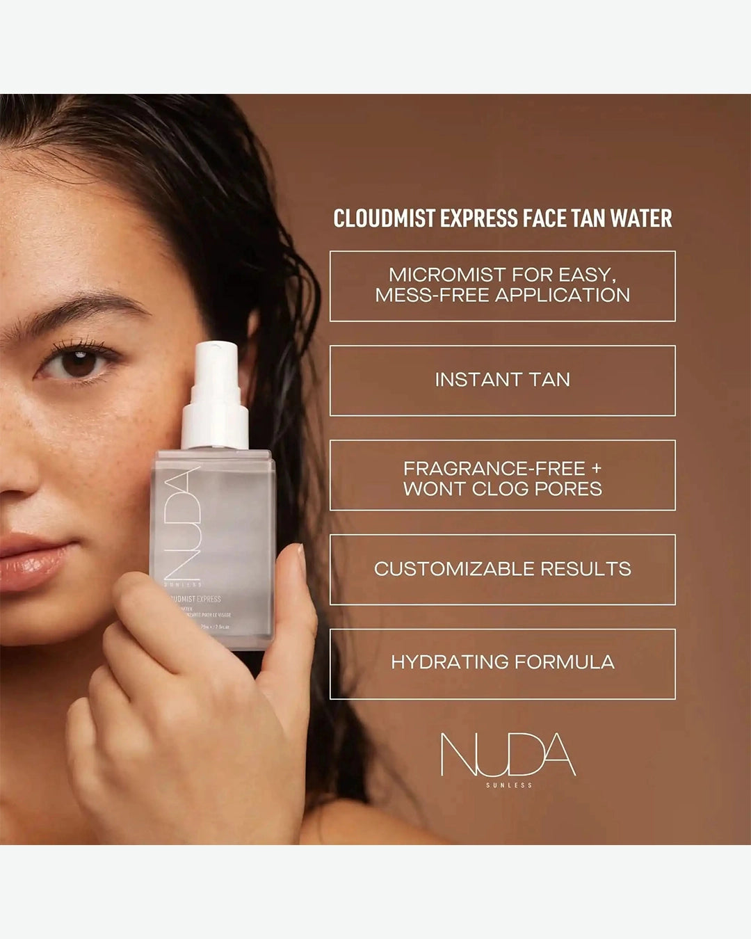 Nuda Cloudmist Express Face Tan Water with product and user application on a brown background