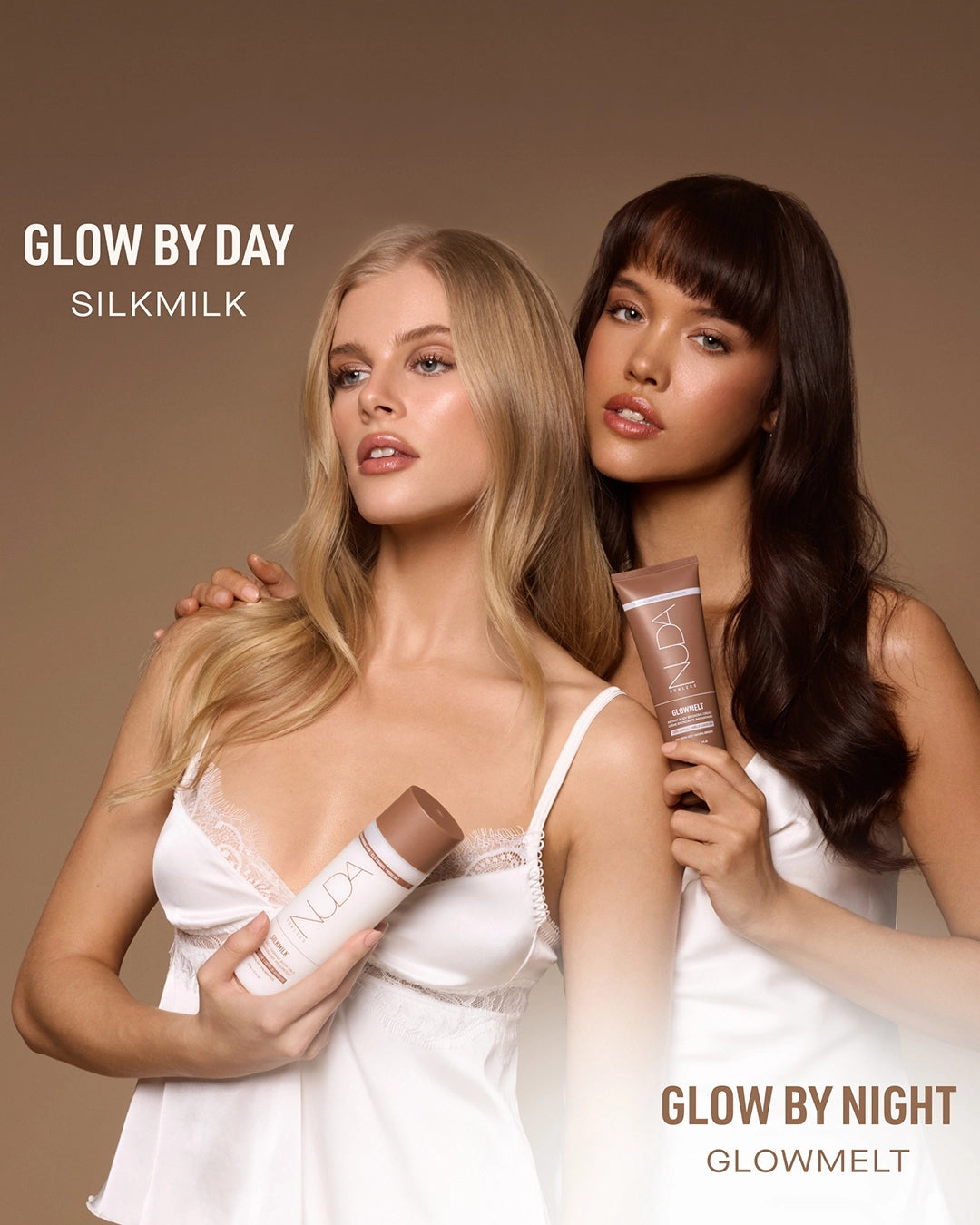 Two women holding skincare products with text 'Glow by Day' and 'Glow by Night' on a brown background.
