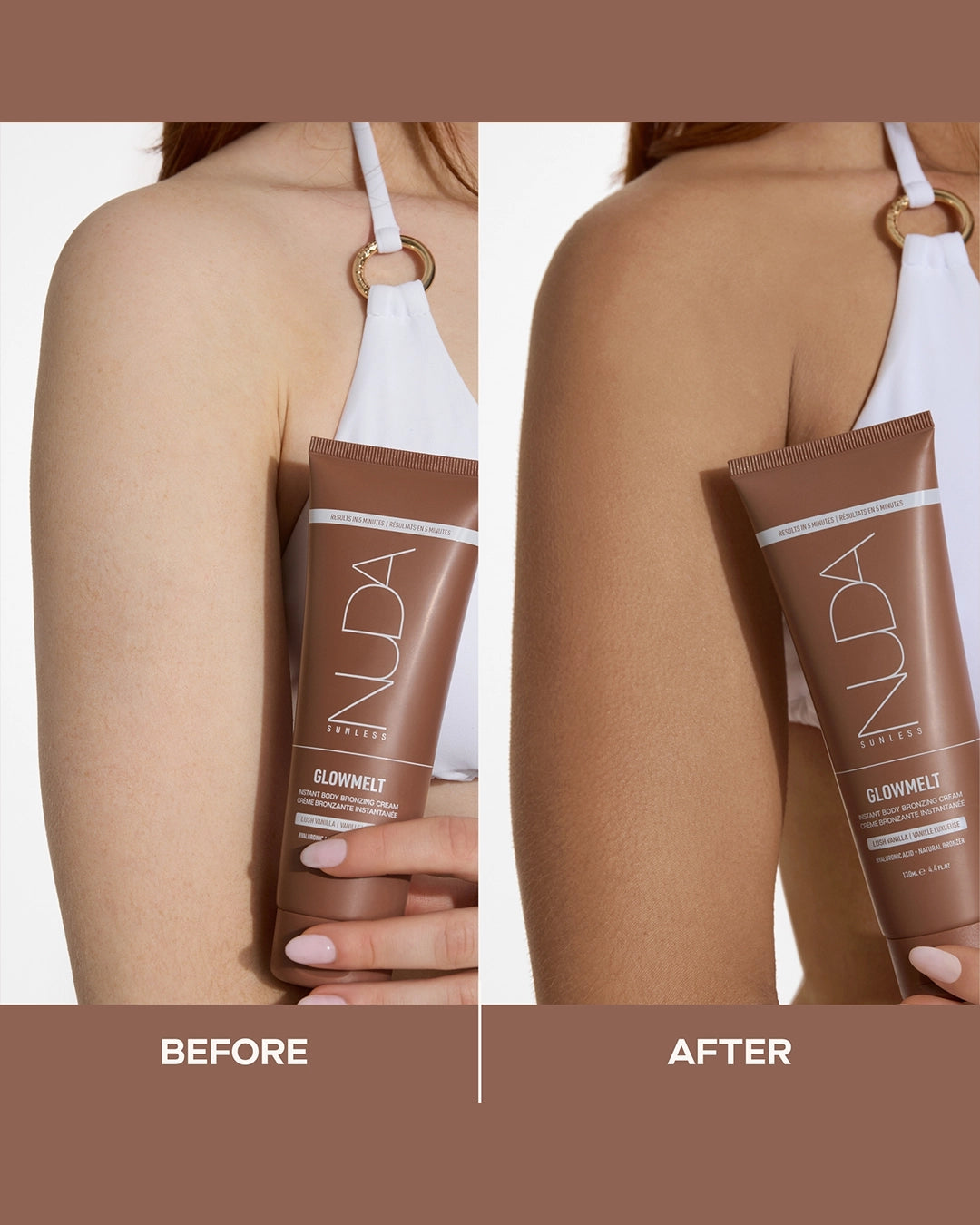 Before and after comparison of a person holding a Nuda product.