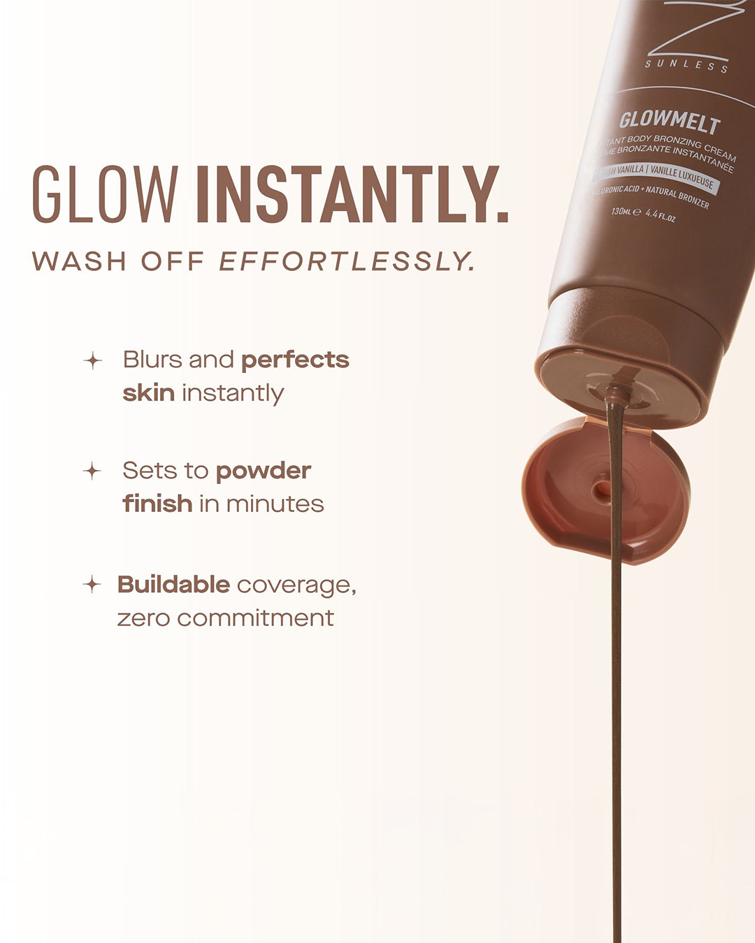 Cosmetic product with text highlighting features on a beige background