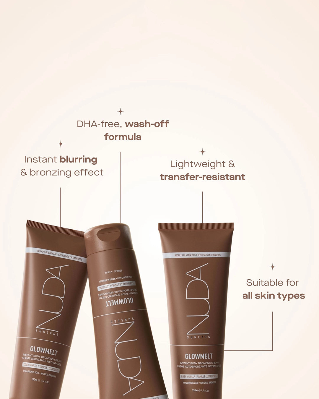 Three tubes of Nuda Glowmelt with product features listed on a beige background