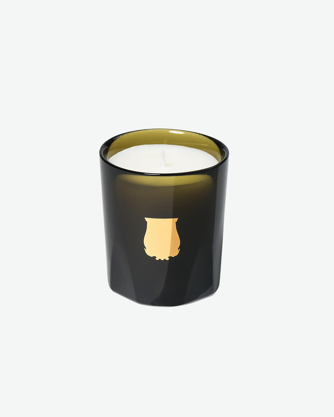 Cyrnos petite candle from Trudon. 70 g candle in a dark olive glass jar with no lid and gold brand emblem on the front.