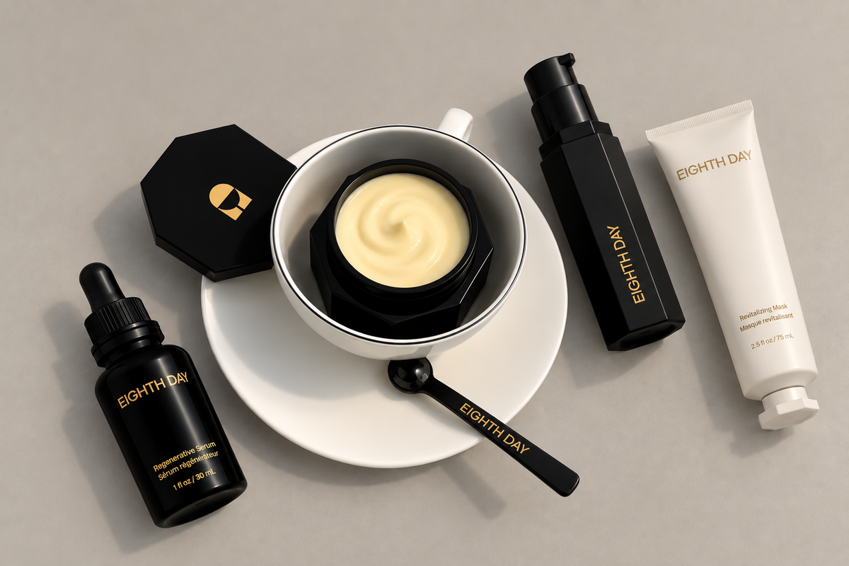 Eighth Day skincare collection featuring a treatment stick, regenerative serum, restorative cleanser, moisturizer, and resurfacing tonic displayed on a reflective surface against a soft cream background.