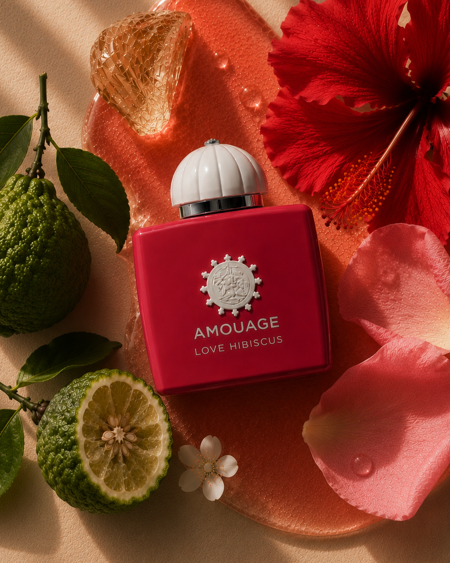 Amouage Love Hibiscus perfume bottle with flowers and fruits on a beige background