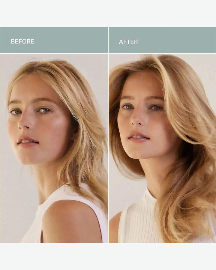Before and after comparison of a woman with blonde hair on a plain background