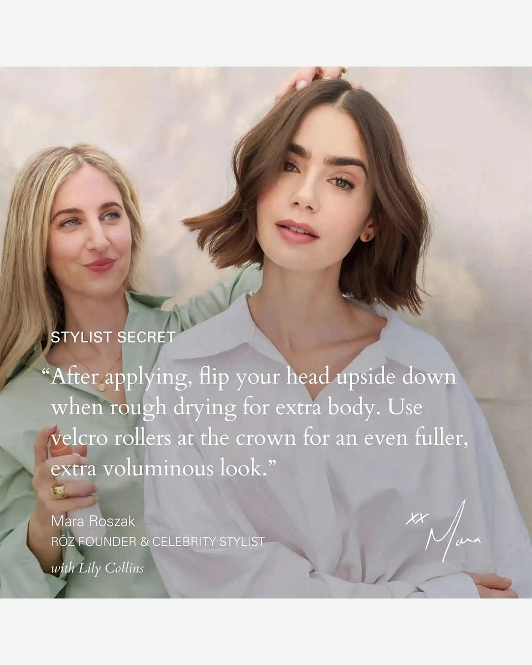 Two women with one having her hair styled, with text overlay about hair styling tips.