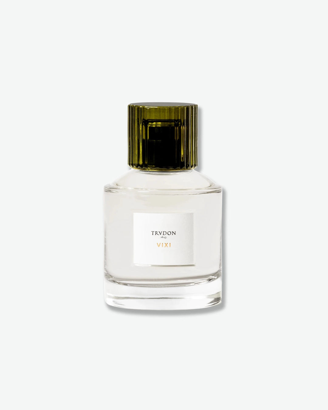 Clear glass Trudon VIXI eau de parfum bottle with a green glass lid on a white background