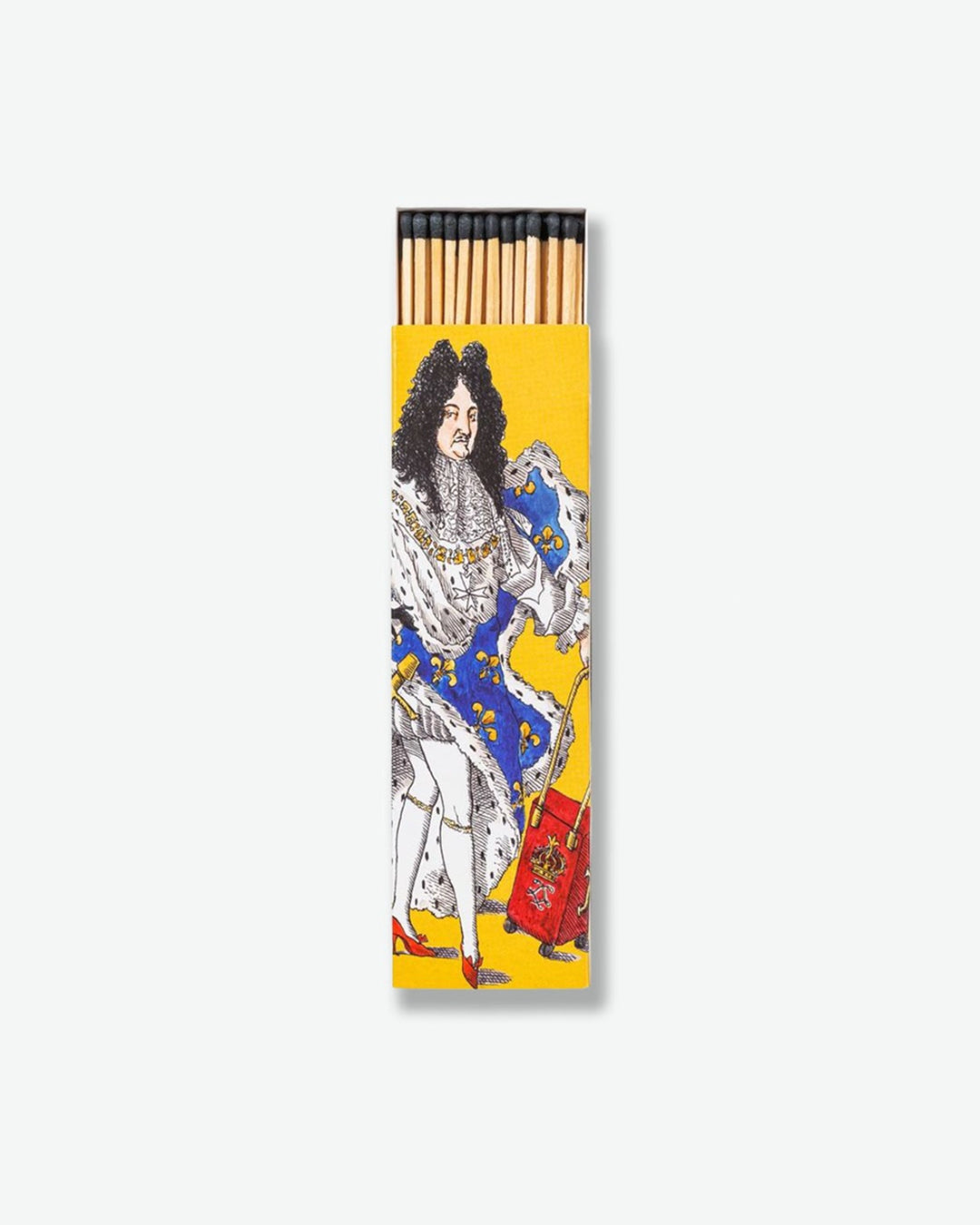 Pack of matches with a historical figure design on a yellow background