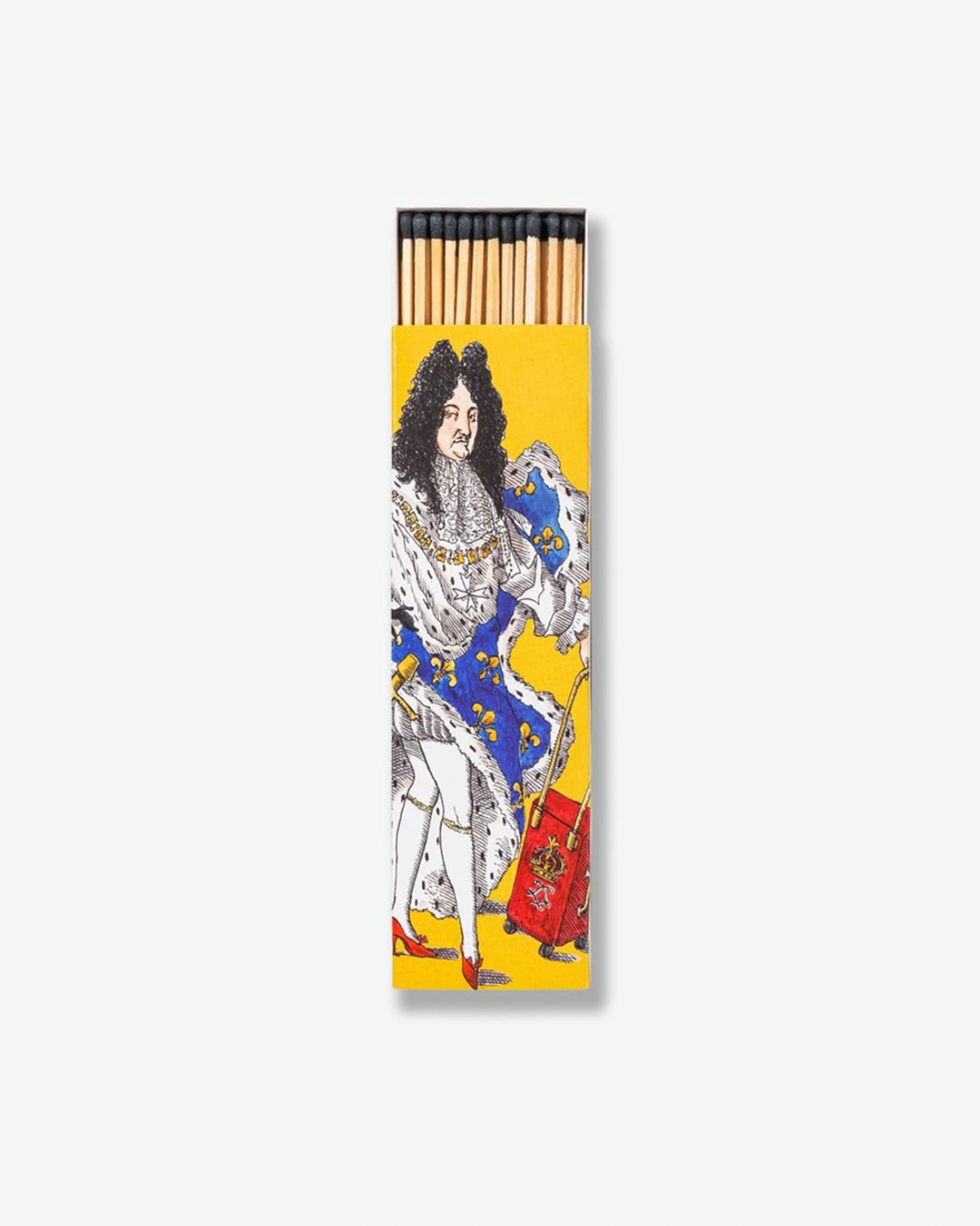 Pack of matches with a historical figure design on a yellow background
