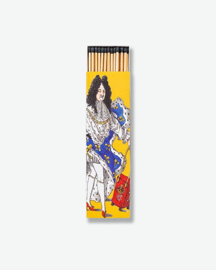 Pack of matches with a historical figure design on a yellow background